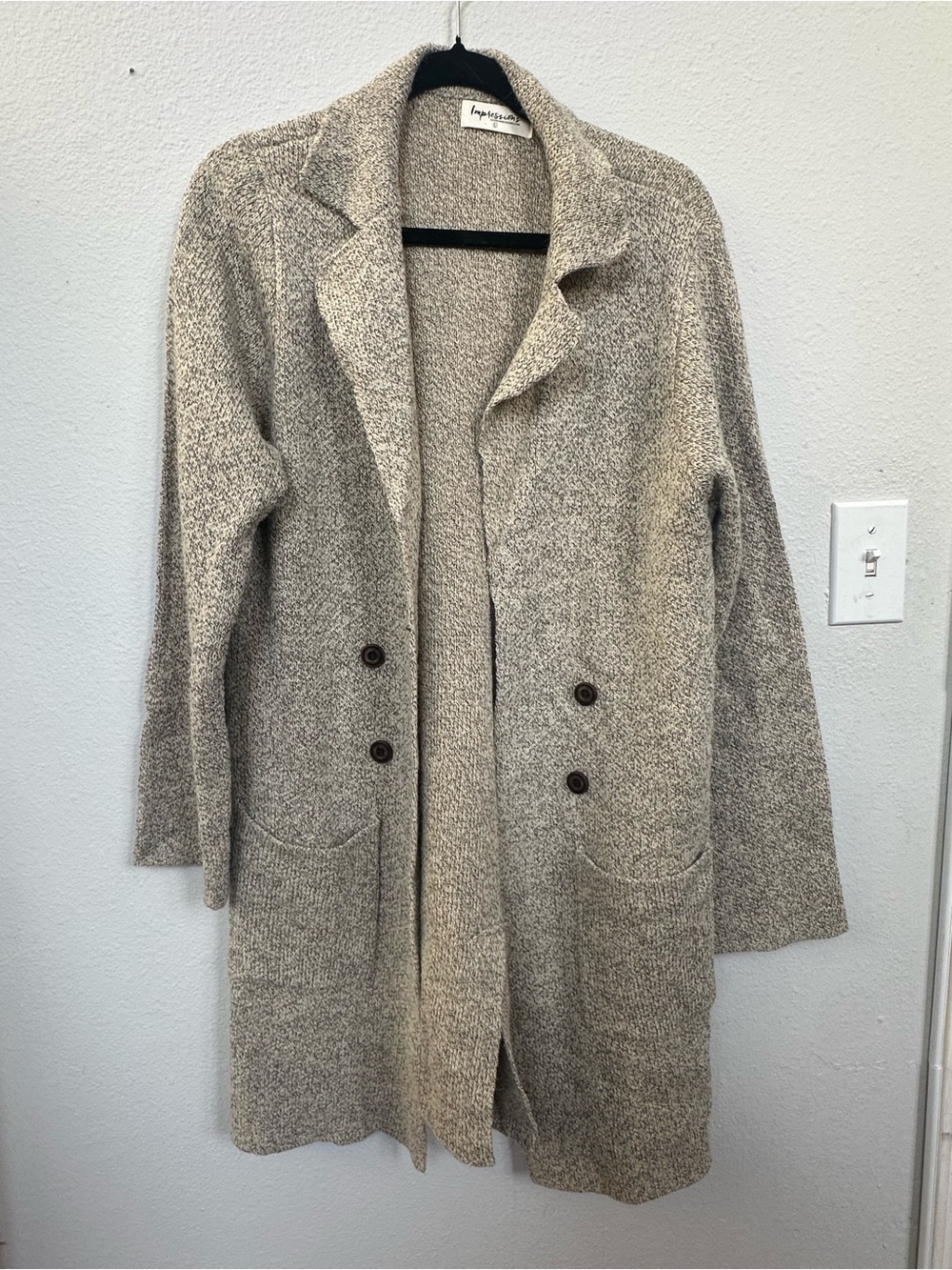 Open-Front Long Knit Sweater Coatigan in Heathered Cream